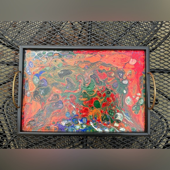 Gorgeous Handmade Original Colorfully Painted Wooden Brass Handle Serving Tray! - Picture 15 of 15